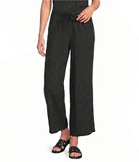 Eileen Fisher Puckered Organic Linen Grid Elastic Waist Wide Ankle Pants