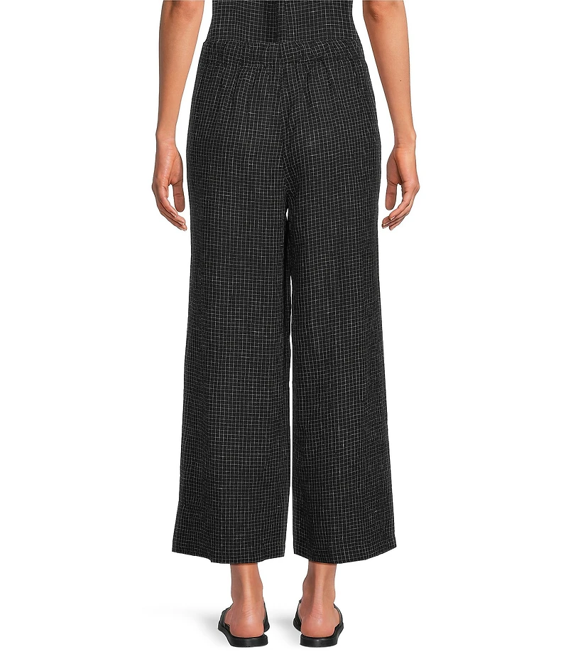 Eileen Fisher Puckered Organic Linen Grid Elastic Waist Wide Ankle Pants