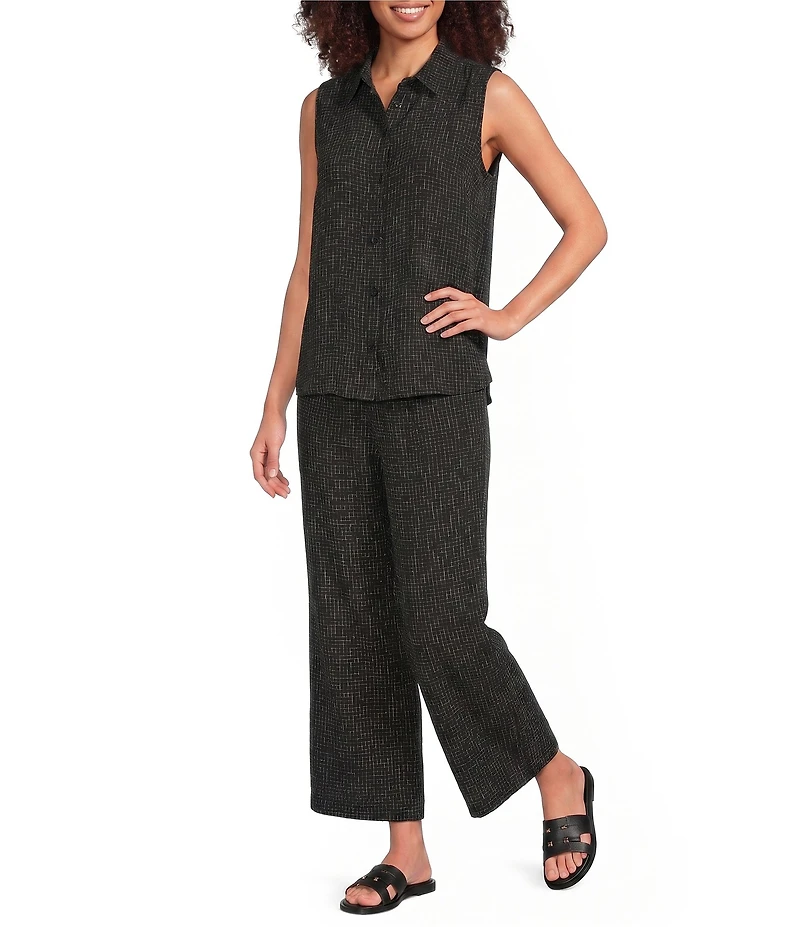 Eileen Fisher Puckered Organic Linen Grid Elastic Waist Wide Ankle Pants