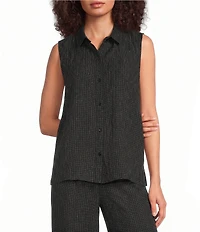 Eileen Fisher Puckered Organic Linen Grid Point Collar Sleeveless Button Front Shirt