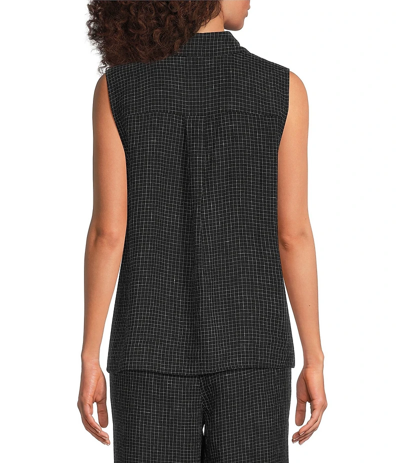 Eileen Fisher Puckered Organic Linen Grid Point Collar Sleeveless Button Front Shirt