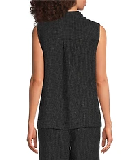 Eileen Fisher Puckered Organic Linen Grid Point Collar Sleeveless Button Front Shirt