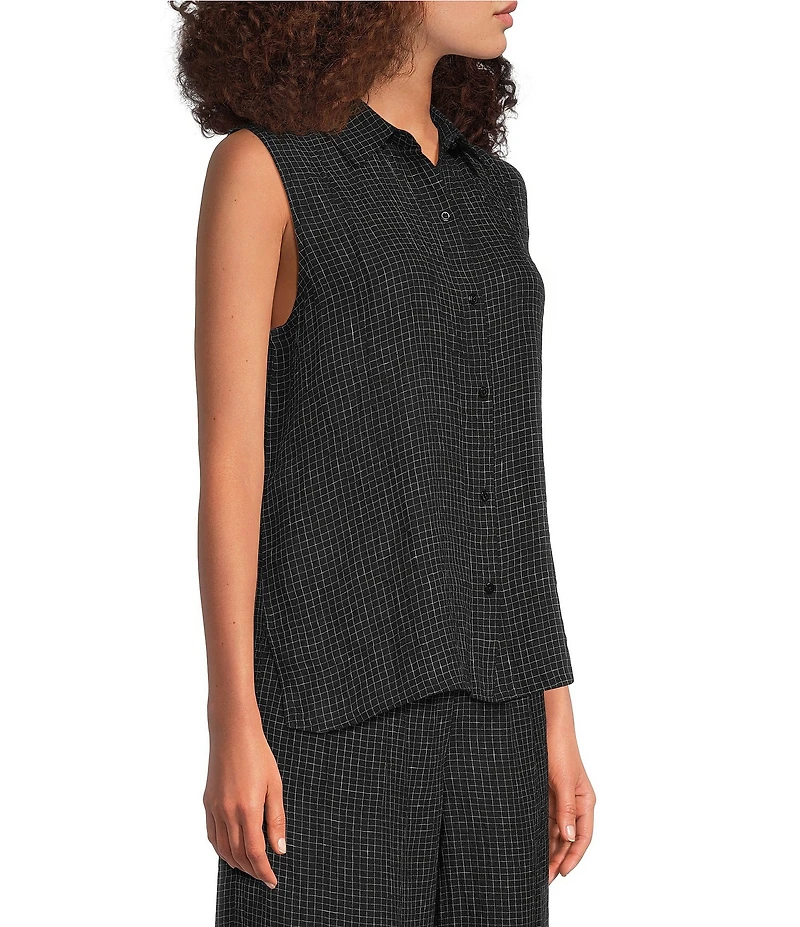 Eileen Fisher Puckered Organic Linen Grid Point Collar Sleeveless Button Front Shirt
