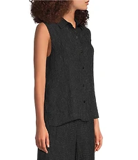 Eileen Fisher Puckered Organic Linen Grid Point Collar Sleeveless Button Front Shirt