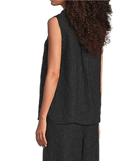 Eileen Fisher Puckered Organic Linen Grid Point Collar Sleeveless Button Front Shirt