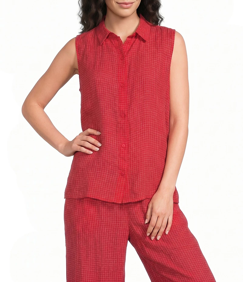 Eileen Fisher Puckered Organic Linen Grid Point Collar Sleeveless Button Front Shirt
