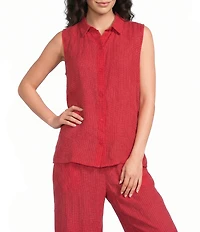 Eileen Fisher Puckered Organic Linen Grid Point Collar Sleeveless Button Front Shirt