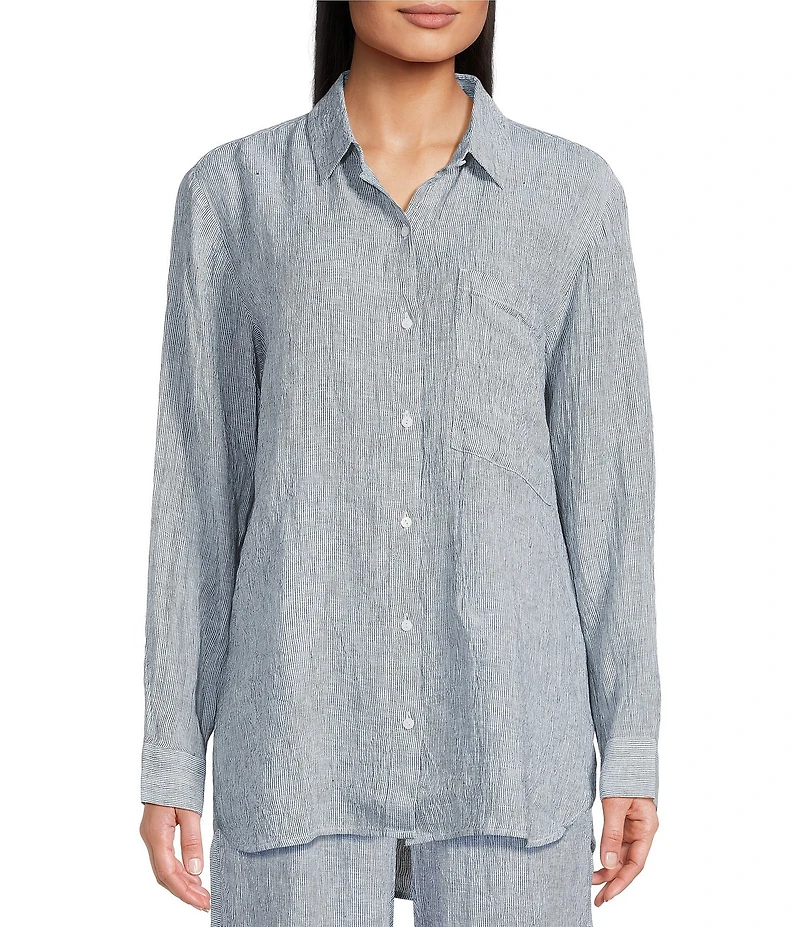 Eileen Fisher Puckered Organic Linen Point Collar Long Sleeve Shirt