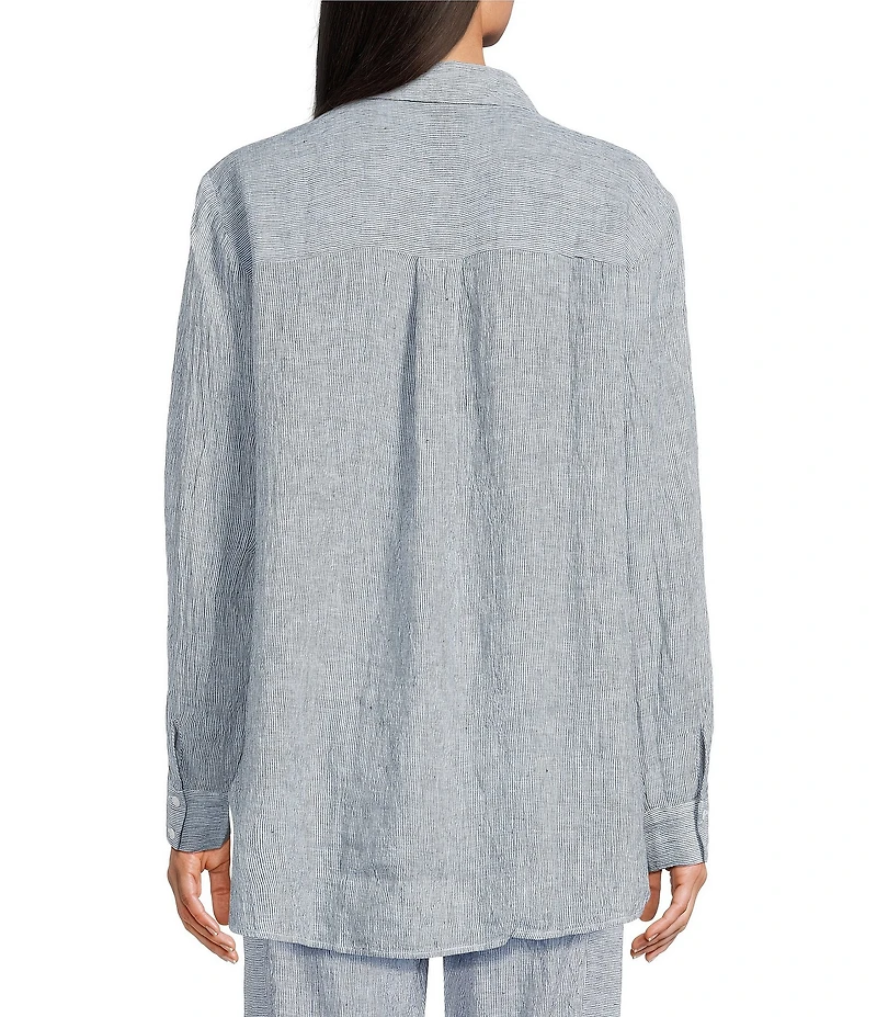 Eileen Fisher Puckered Organic Linen Point Collar Long Sleeve Shirt