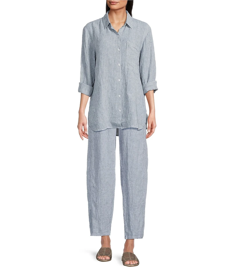 Eileen Fisher Puckered Organic Linen Point Collar Long Sleeve Shirt