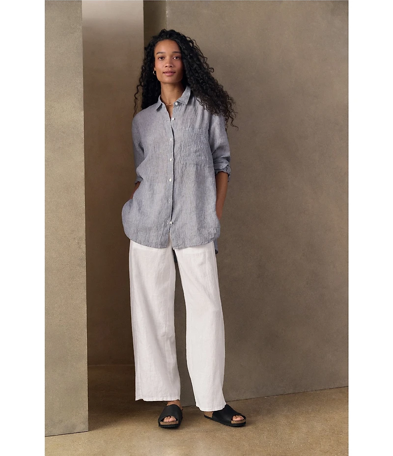 Eileen Fisher Puckered Organic Linen Point Collar Long Sleeve Shirt