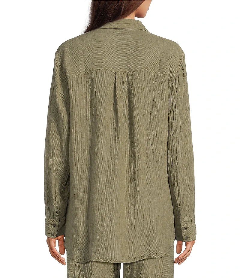 Eileen Fisher Puckered Organic Linen Point Collar Long Sleeve Shirt