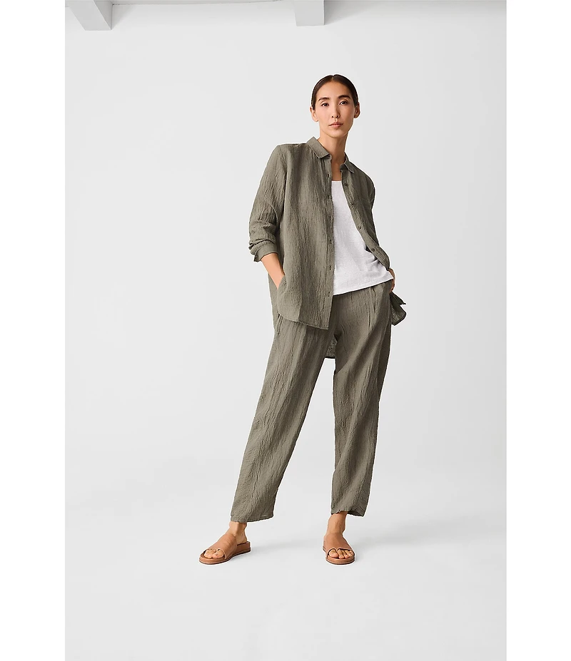 Eileen Fisher Puckered Organic Linen Point Collar Long Sleeve Shirt