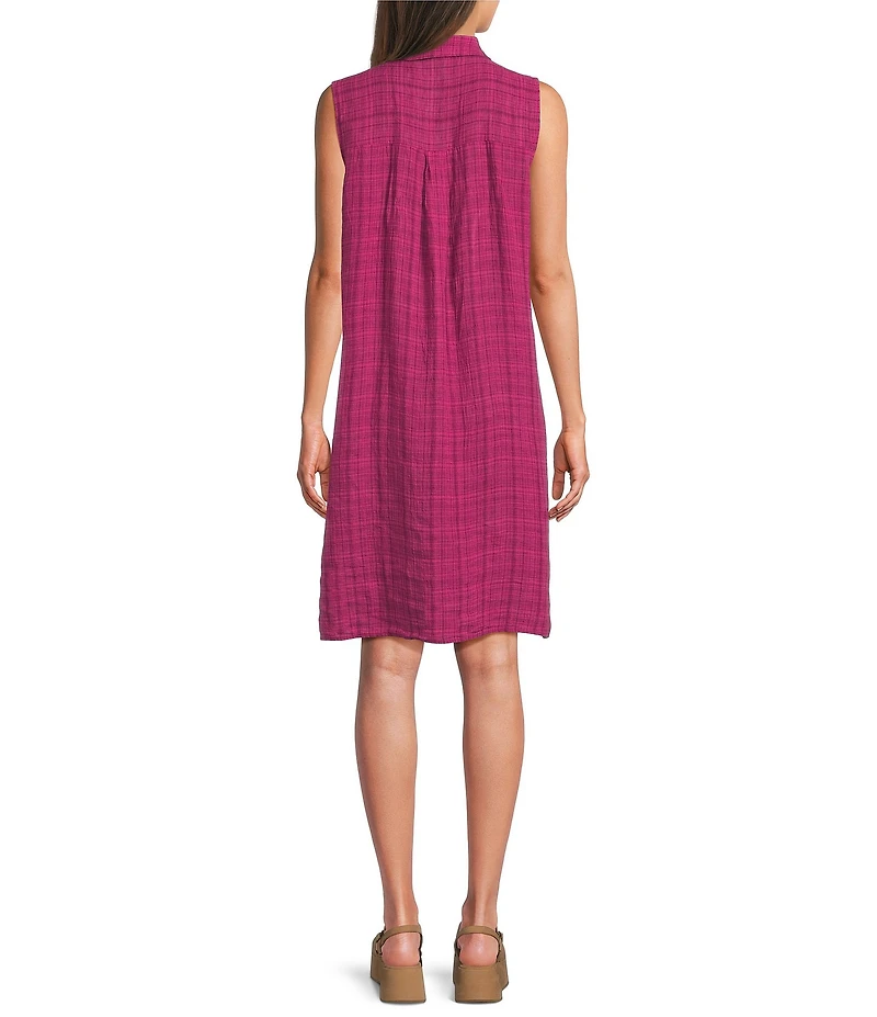 Eileen Fisher Puckered Organic Linen Point Collar Sleeveless Shirt Dress