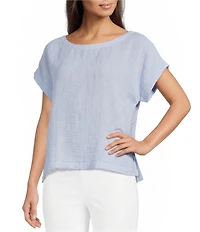 Eileen Fisher Puckered Organic Linen Stripe Ballet Neck Cap Sleeve Square Top