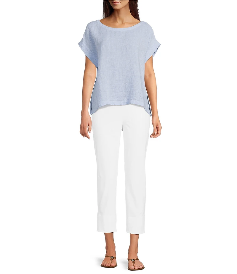 Eileen Fisher Puckered Organic Linen Stripe Ballet Neck Cap Sleeve Square Top