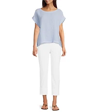 Eileen Fisher Puckered Organic Linen Stripe Ballet Neck Cap Sleeve Square Top