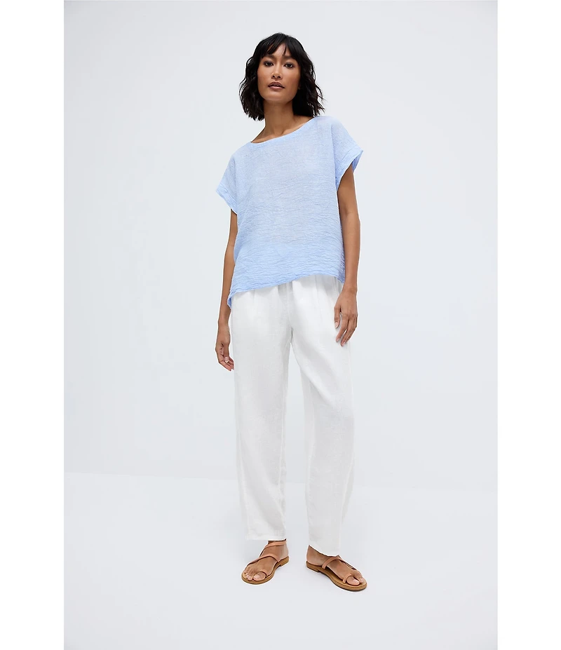 Eileen Fisher Puckered Organic Linen Stripe Ballet Neck Cap Sleeve Square Top