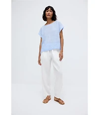 Eileen Fisher Puckered Organic Linen Stripe Ballet Neck Cap Sleeve Square Top