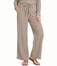 Eileen Fisher Puckered Organic Linen Stripe Drawstring Wide Ankle Pants