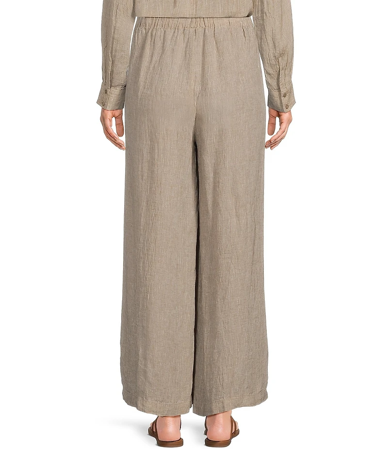 Eileen Fisher Puckered Organic Linen Stripe Drawstring Wide Ankle Pants