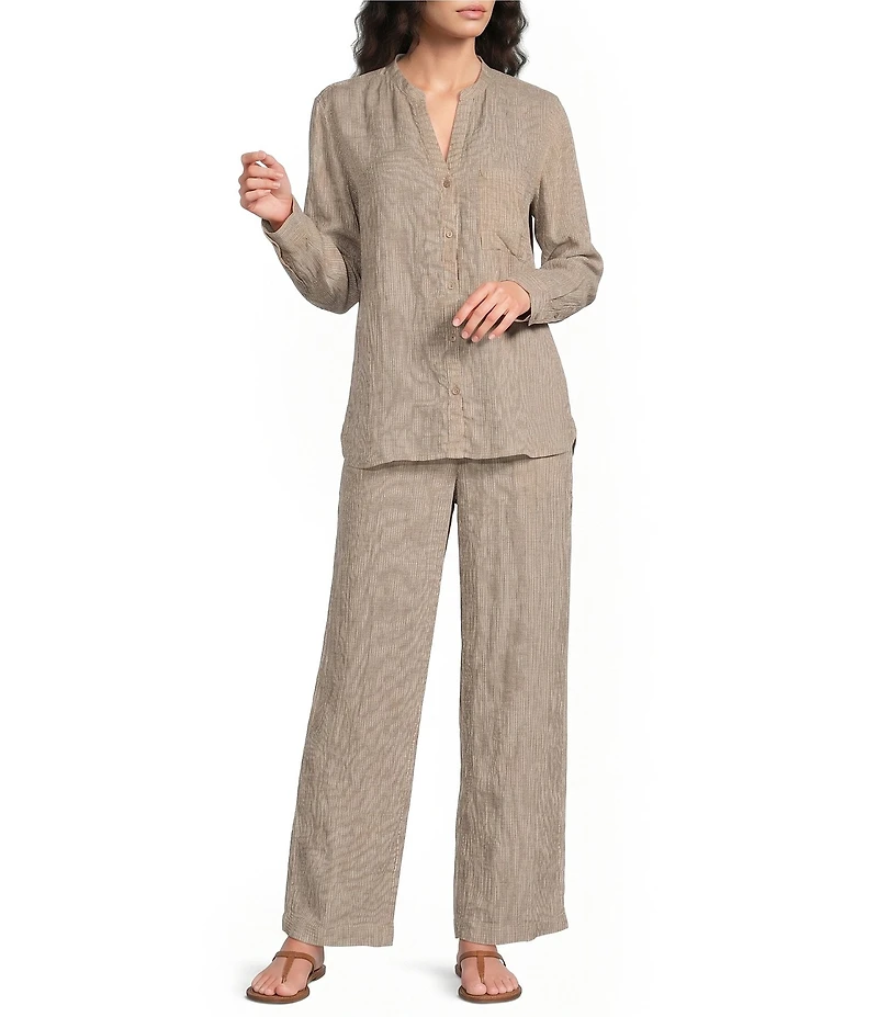 Eileen Fisher Puckered Organic Linen Stripe Drawstring Wide Ankle Pants