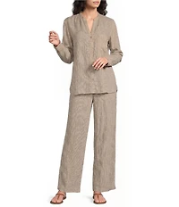 Eileen Fisher Puckered Organic Linen Stripe Drawstring Wide Ankle Pants