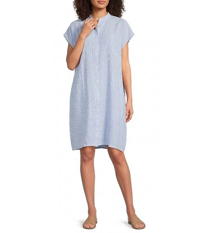 Eileen Fisher Puckered Organic Linen Stripe Mandarin Collar Cap Sleeve Dress