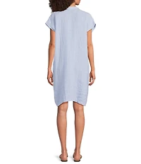 Eileen Fisher Puckered Organic Linen Stripe Mandarin Collar Cap Sleeve Dress