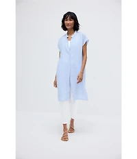 Eileen Fisher Puckered Organic Linen Stripe Mandarin Collar Cap Sleeve Dress