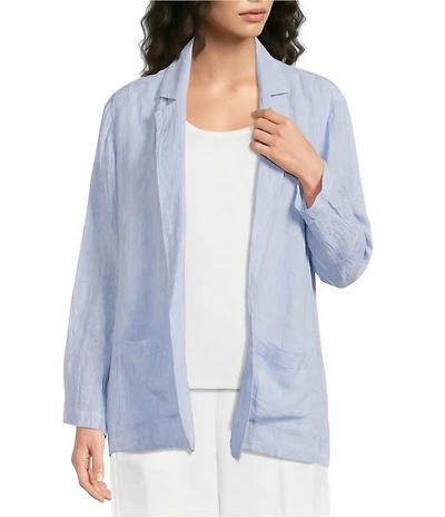 Eileen Fisher Puckered Organic Linen Stripe Notch Collar Long Sleeve Jacket