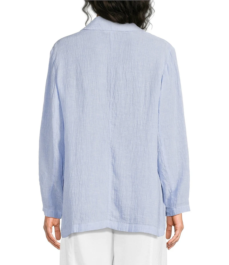 Eileen Fisher Puckered Organic Linen Stripe Notch Collar Long Sleeve Jacket
