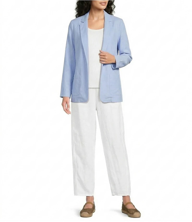 Eileen Fisher Puckered Organic Linen Stripe Notch Collar Long Sleeve Jacket
