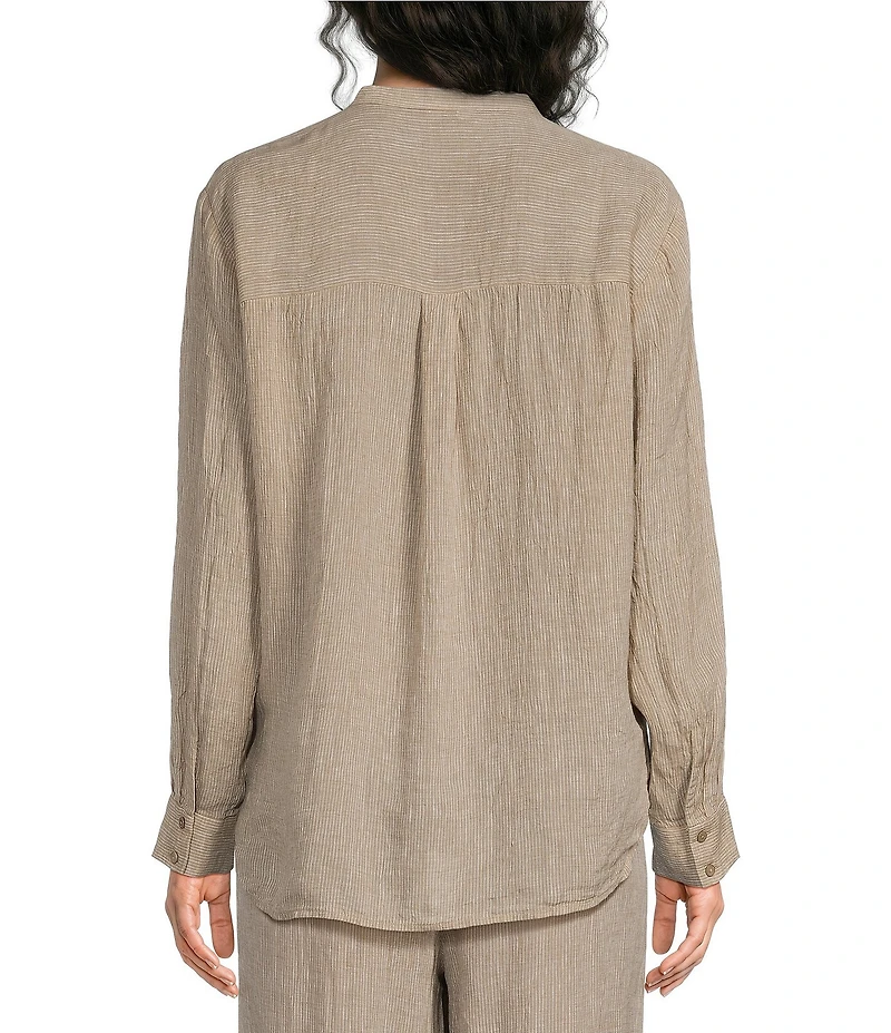 Eileen Fisher Puckered Organic Linen Stripe Split V-Neck Long Sleeve Cut-Away Shirt