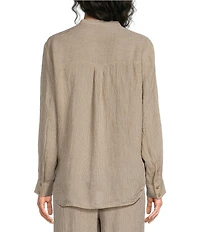 Eileen Fisher Puckered Organic Linen Stripe Split V-Neck Long Sleeve Cut-Away Shirt