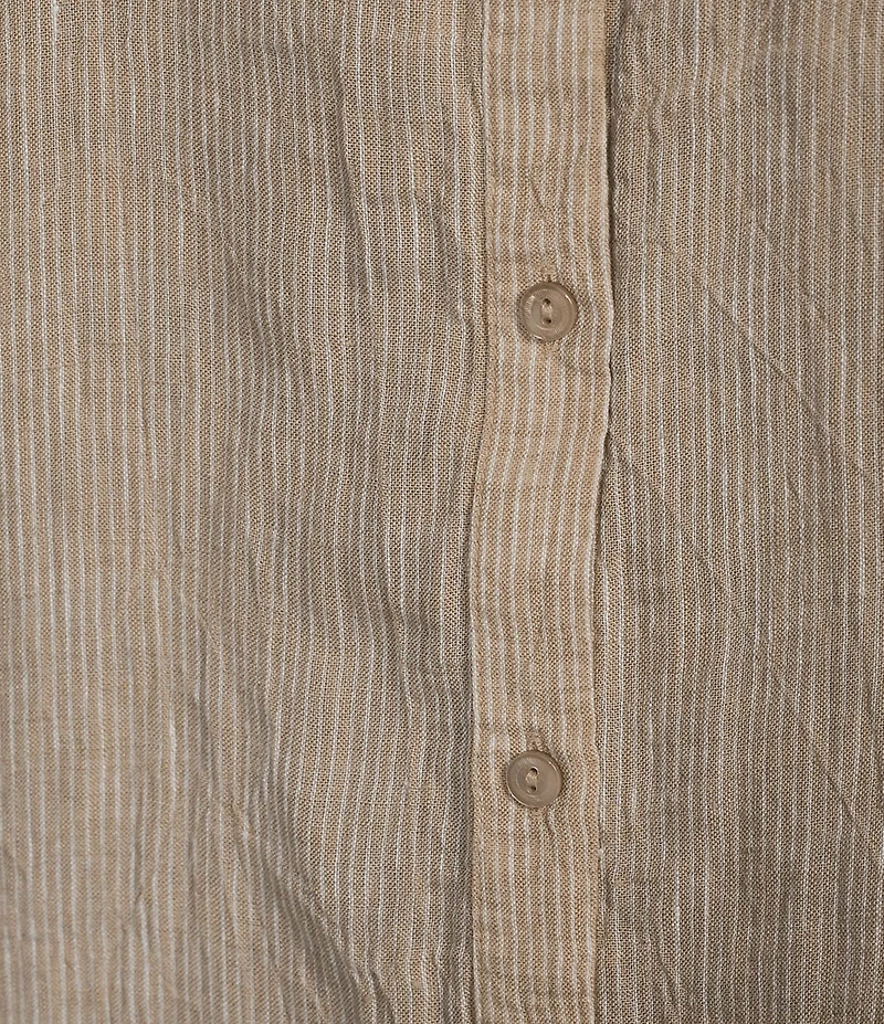 Eileen Fisher Puckered Organic Linen Stripe Split V-Neck Long Sleeve Cut-Away Shirt