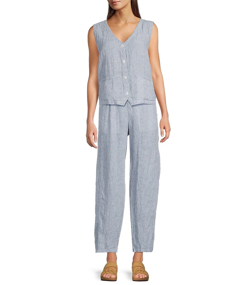 Eileen Fisher Puckered Organic Linen Yarn-Dyed Stripe Elastic Waist Pull-On Pants