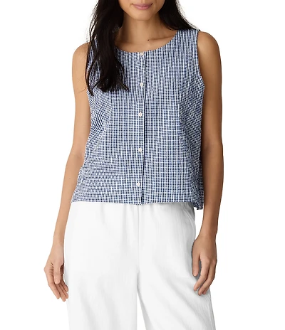 Eileen Fisher Puckered Organic Weave Scoop Neck Sleeveless Button-Front Vest