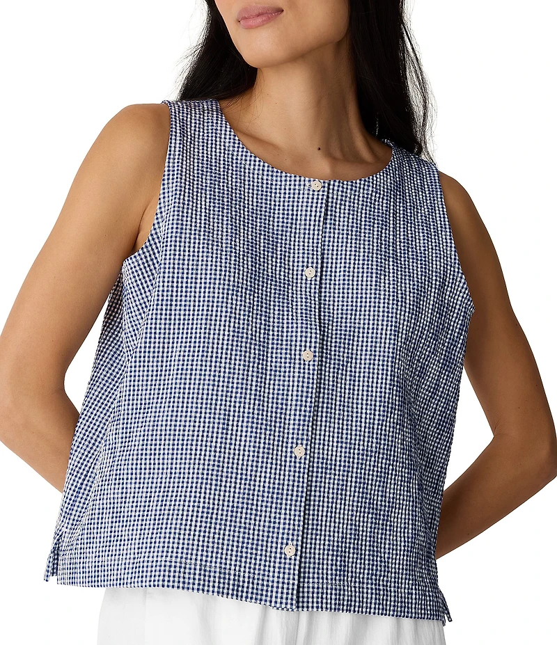 Eileen Fisher Puckered Organic Weave Scoop Neck Sleeveless Button-Front Vest