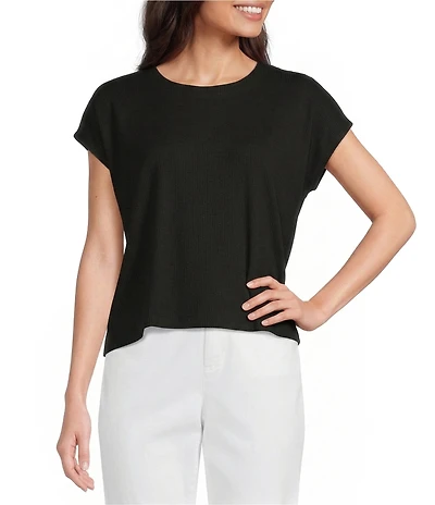 Eileen Fisher Ribbed Knit Crew Neck Cap Sleeve Cropped Top
