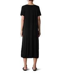 Eileen Fisher Round Neck Short Sleeve Full Length Lantern Midi Dress