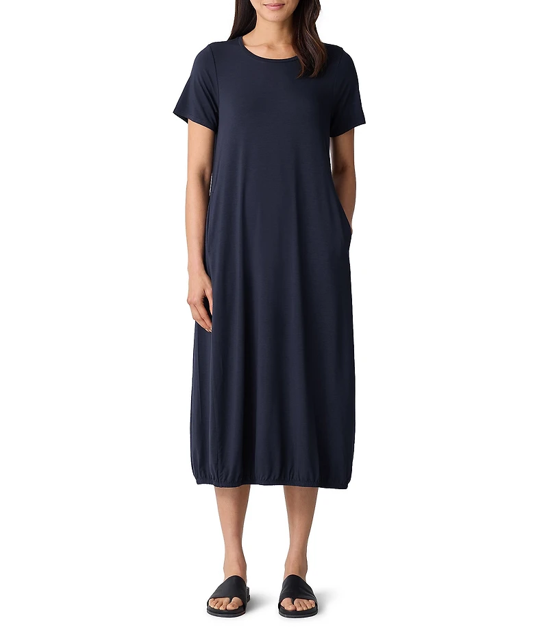 Eileen Fisher Round Neck Short Sleeve Full Length Lantern Midi Dress