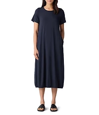 Eileen Fisher Round Neck Short Sleeve Full Length Lantern Midi Dress