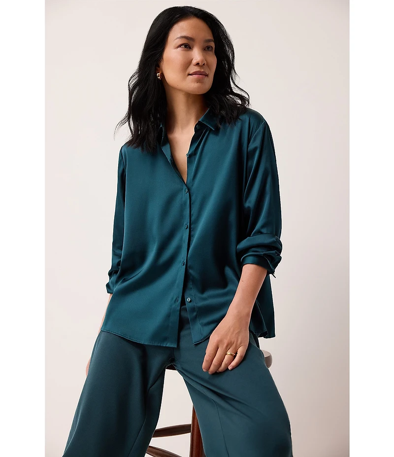 Eileen Fisher Satin Classic Collar Long Sleeve Button Front Shirt