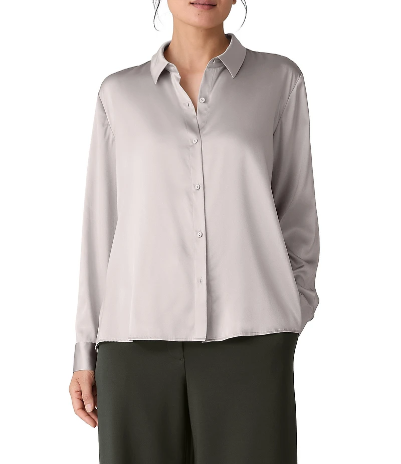 Eileen Fisher Satin Classic Collar Long Sleeve Button Front Shirt