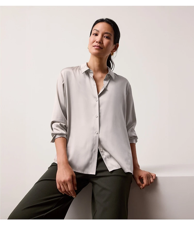 Eileen Fisher Satin Classic Collar Long Sleeve Button Front Shirt