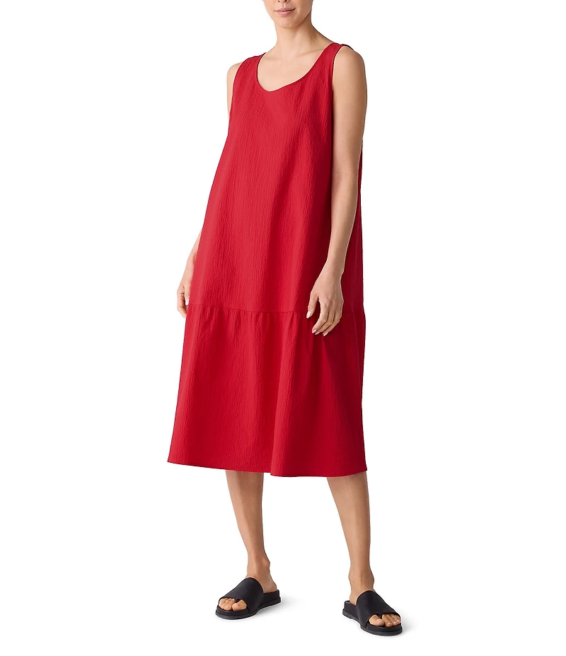 Eileen Fisher Organic Cotton Blend Seersucker Scoop Neck Sleeveless Midi Dress