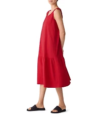 Eileen Fisher Organic Cotton Blend Seersucker Scoop Neck Sleeveless Midi Dress