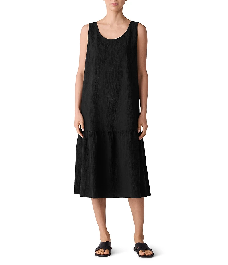 Eileen Fisher Organic Cotton Blend Seersucker Scoop Neck Sleeveless Midi Dress