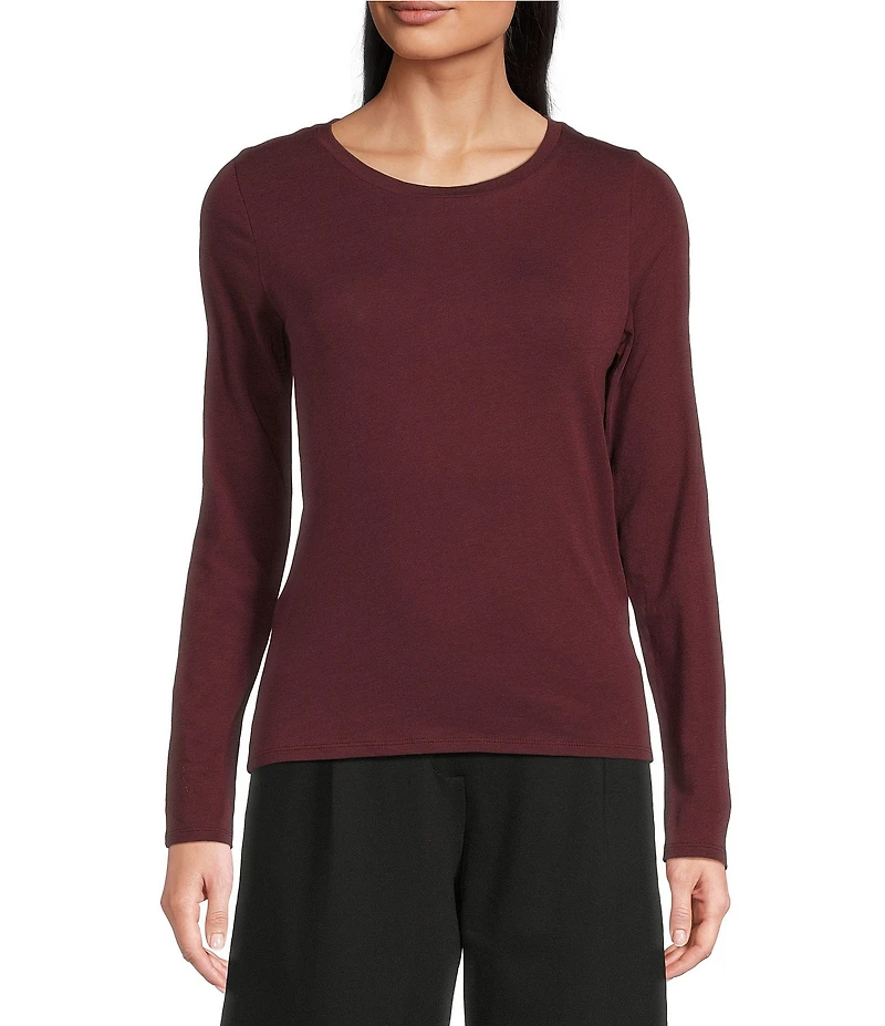 Eileen Fisher Sheer Organic Cotton Blend Knit Round Neck Long Sleeve Tee